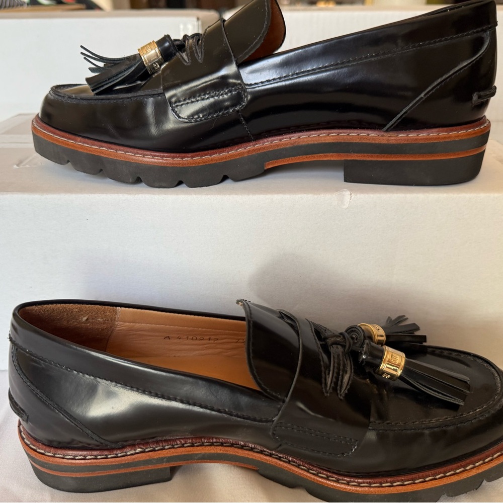 Stuart Weitzman Black Patent Tassel Loafers with Gold Accents - Picture 4 of 7